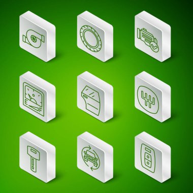 Otomotiv otomotiv turbo şarj kapılı, motor benzinli, tekerlekli ve vites değiştiren ikonlu bir hat anahtarı ayarla. Vektör.