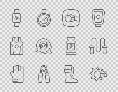 Boks sporunda MMA eldiveni yumruğu kalp kask ayakkabısı ve ip atlama ikonu olan akıllı saat. Vektör.