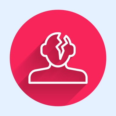 Psikoloji ikonundaki soruna beyaz çizgi çözümü uzun gölgeli arka planda izole edilmiş. Akıl sağlığı terapisi. Kırmızı daire düğmesi. Vektör.