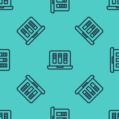 Laptop simgesindeki siyah çizgi ses ya da ses kaydedici ya da düzenleyici yazılım yeşil arkaplanda kusursuz desen izole etti. Vektör.