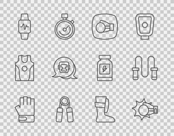 Boks sporunda MMA eldiveni yumruğu kalp kask ayakkabısı ve ip atlama ikonu olan akıllı saat. Vektör.