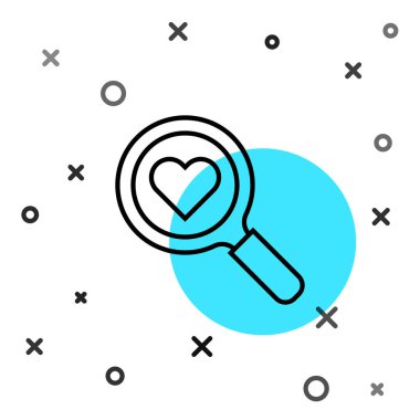 Siyah çizgi, beyaz arka planda kalp ve aşk simgesini ara. İçinde kalp olan büyüteç. Sevgililer günün kutlu olsun. Rastgele dinamik şekiller. Vektör.