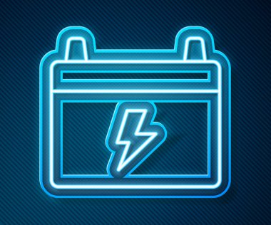 Parlayan neon hat araba aküsü ikonu mavi arka planda izole edildi. Akümülatör bataryası enerji ve elektrik akümülatörü bataryası. Vektör.