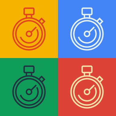 Pop Art Line Stopwatch simgesi renk arkaplanında izole edildi. Zaman göstergesi. Kronometre işareti. Vektör.