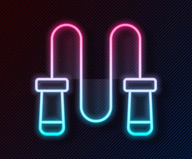 Parlayan neon hattı atlama ipi simgesi siyah arkaplanda izole edildi. İp atlıyorum. Spor malzemeleri. Vektör.