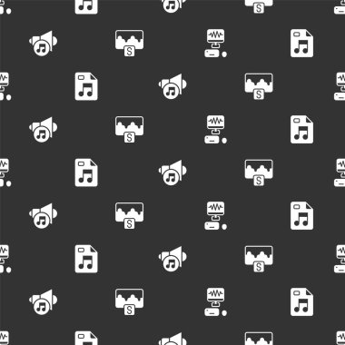 Müzik kayıt stüdyosu, MP3 dosya belgesi, Hoparlör sesi ve dalga eşitleyicisini kusursuz desen üzerine ayarla. Vektör.