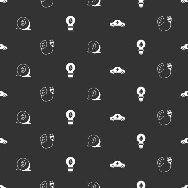 Elektronik araba tasarruf prizini yaprak Yaprak Yaprak Eko sembolüne ve ampulü pürüzsüz desenli olarak ayarla. Vektör.