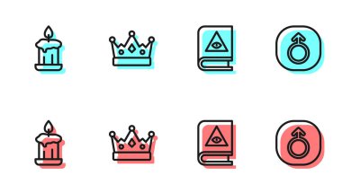 Eskiler 'in büyü kitabı, yanan mum, kral tacı ve Mars ikonu. Vektör.