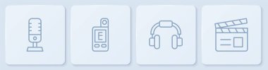 Mikrofon, kulaklık, ışık ölçer ve el çırpma ayarlayın. Beyaz kare düğme. Vektör.