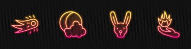 Tavşan kulaklı, ateş topu, ay ve yıldızlar ve ateş tutan el. Parlayan neon ikonu. Vektör.
