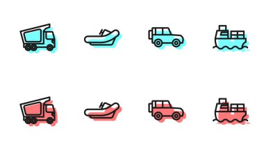 Off road car kargo kamyonu Rafting botu ve kargo gemisi teslimat ikonuyla hazırlandı. Vektör.