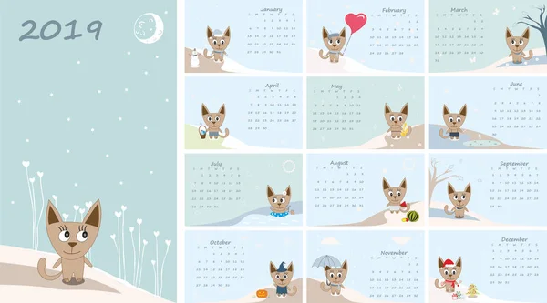 Kalendarzowy 2019. Śliczne koty dla każdego miesiąca. Wektor — Wektor stockowy