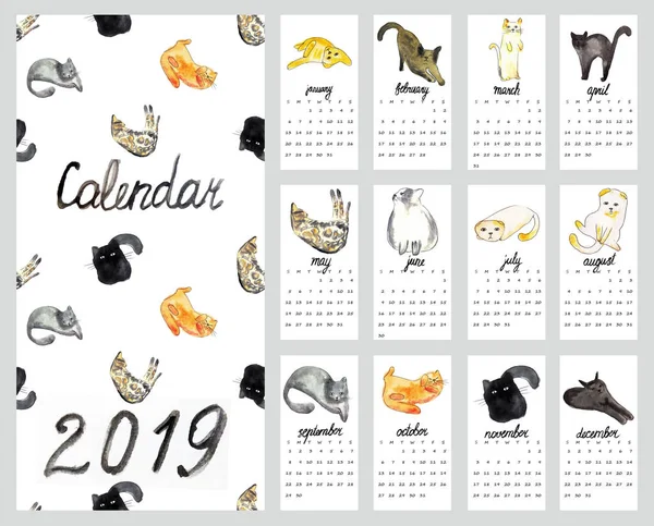 Calendario 2019 Con Ilustración Acuarela Gatos —  Fotos de Stock