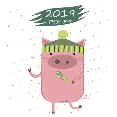 Sevimli domuz ile yaratıcı kartpostal 2019 yılbaşı için. İllüstrasyon izole karikatür. 