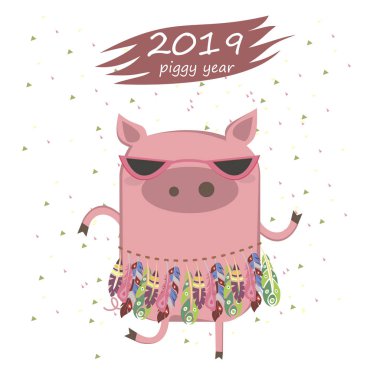 Sevimli domuz ile yaratıcı kartpostal 2019 yılbaşı için. İllüstrasyon izole karikatür.