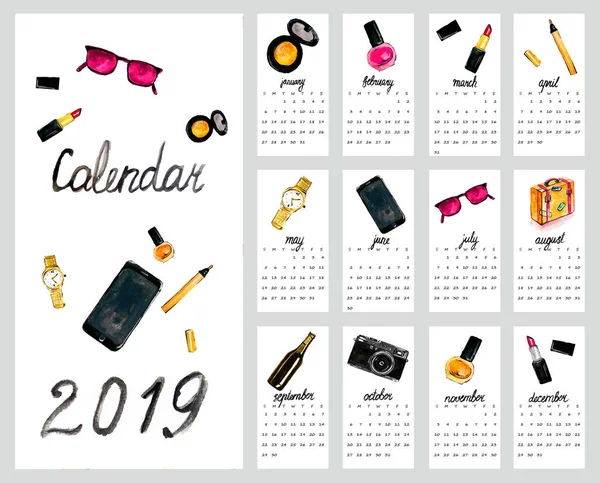 Calendar 2019. Cute monthly calendar with women\'s accessories Hand drawn style illustration.