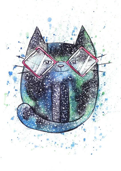 Watercolor cute space cat on the white background - Illustration