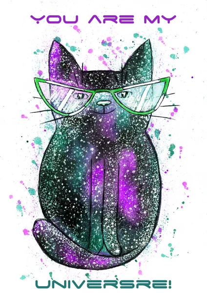 Acquerello carino gatto spaziale sullo sfondo bianco - Illustrazione — Foto Stock