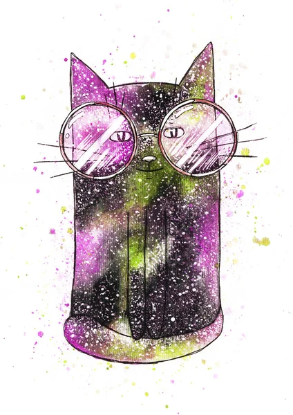 Watercolor cute space cat on the white background - Illustration