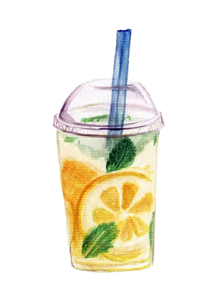 Watercolor takeaway cup of ice cocktail with lemon slice — Stock Photo, Image