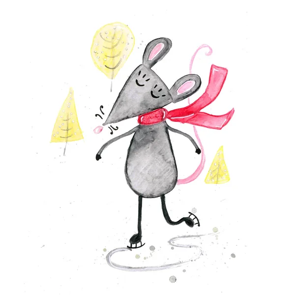 Akvarell handritad skiss illustration av Grå mus — Stockfoto