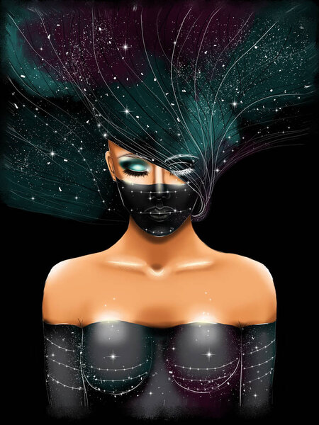 Красивая девушка из космоса на черном фоне
