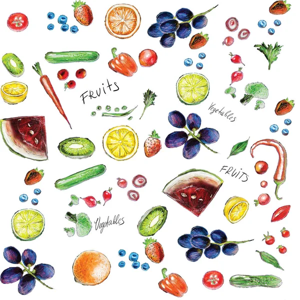 Nahtloses Muster Biologischer Lebensmittel Handgezeichnetes Obst Und Gemüse — Stockfoto