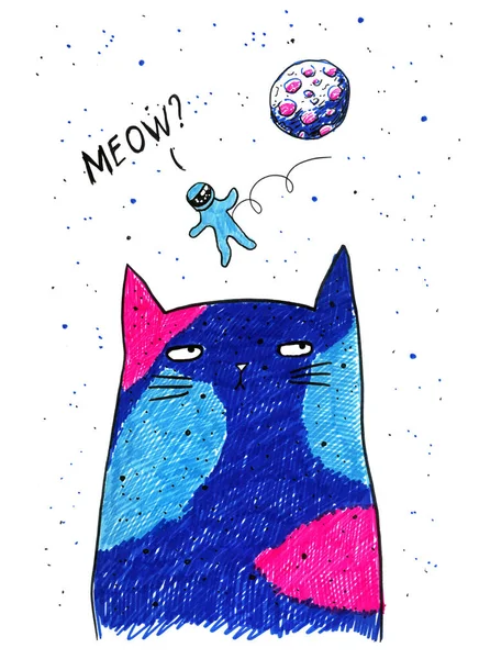 Cartoon astronaut and an alien cat in outer space