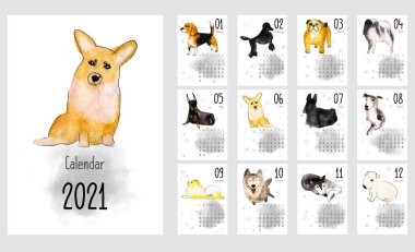 Aylık yaratıcı takvim 2021, köpek cinsleriyle. Suluboya çizimi. Beyaz arkaplanda izole