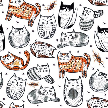 Komik Kediler. Şirin komik Evcil Kedicik posteri. Taslak çizim tarzında bir kalem çizimi hissettim. Kusursuz desen ya da arka plan. Kumaş ve tekstil için el çizimi afiş.. 