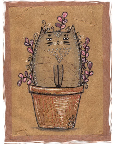Söt Rolig Katt Sitter Blomkruka Handritad Illustration — Stockfoto