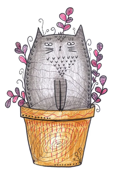 Söt Rolig Katt Sitter Blomkruka Handritad Illustration — Stockfoto