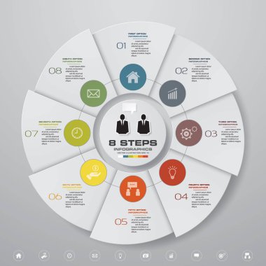 Soyut 8 adımlar modern pasta grafiği infographics öğeler. Vektör çizim.