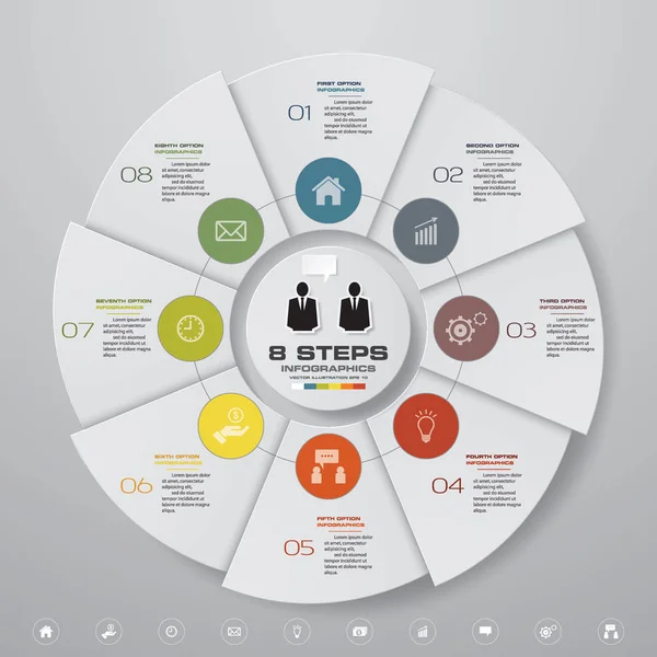 Soyut 8 adımlar modern pasta grafiği infographics öğeler. Vektör çizim.