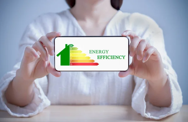 能源效率和绿色能源概念 妇女手持带有能源效率标志的电话 — 图库照片