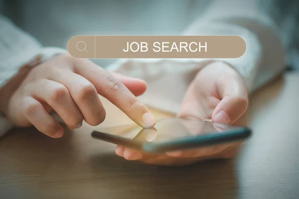 用文字 Job Search 手搜索互联网数据信息网络是用手机在线搜索职业发展的关键 找工作可以找到你的职业理念 — 图库照片