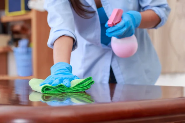 Woman Wearing Blue Protective Gloves Holding Green Microfiber Cleaning Cloth — Stock Photo, Image