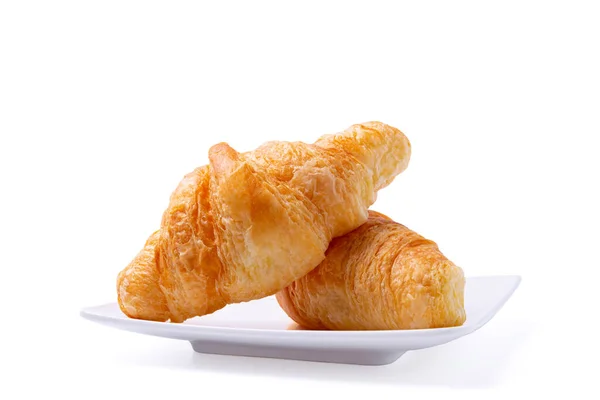 Croissant Placă Albă Izolată Fundal Alb Cale Tăiere Croissant Mic — Fotografie, imagine de stoc