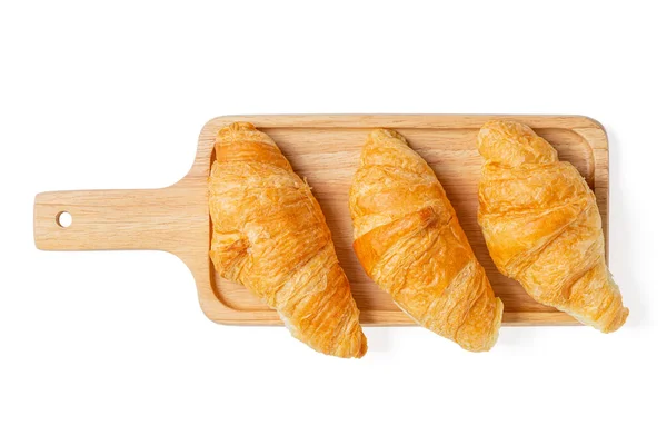 Croissants Placa Corte Pão Madeira Sobre Fundo Branco Com Caminho — Fotografia de Stock