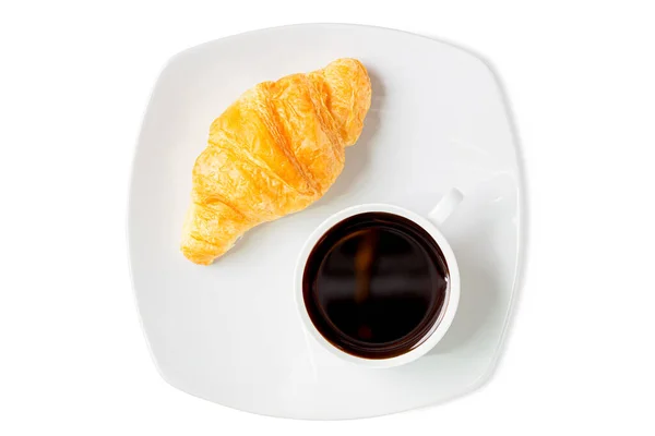 Croissant Plato Blanco Con Taza Café Americano Aislado Sobre Fondo — Foto de Stock