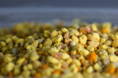 Canlı sarı ve turuncu tonlarda doğal arı polen taneciklerinin yakın çekimi organik dokularını gözler önüne seriyor. Sağlıklı bir besin maddesi. Genellikle beslenme ve sağlıkta kullanılır..