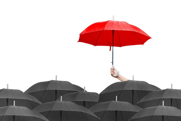 Guarda Chuva Vermelho Sobre Guarda Chuvas Pretos Fundo Branco — Fotografia de Stock