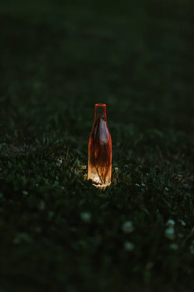 Jarrón de cristal en la hierba iluminado desde la parte inferior — Foto de Stock