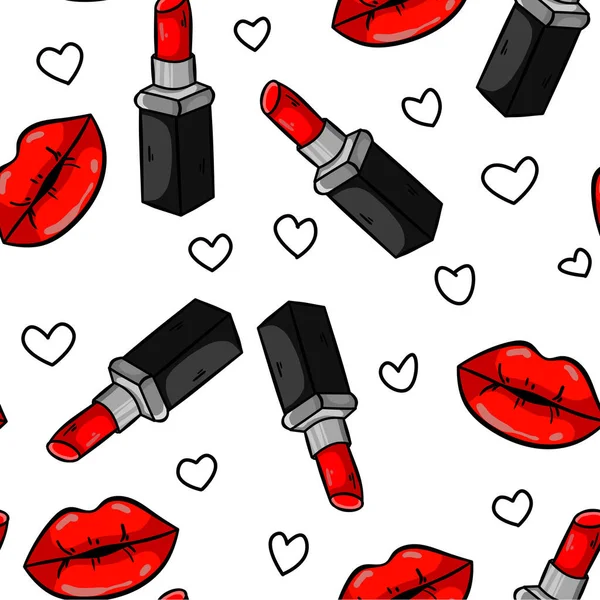 Seamless pattern with red lipskick, kiss, hearts and lips on white background. Wallpaper and fabric design.