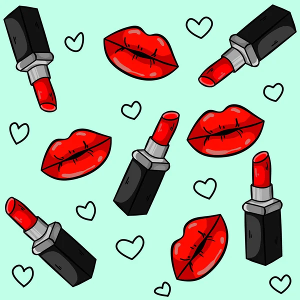 Nahtloses Muster Mit Rotem Lippenstift Kuss Herzen Und Lippen Auf — Stockfoto