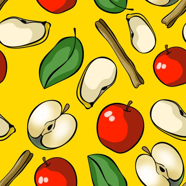 Seamless Pattern Apples Leaves Slices Cinnamon Stick Yellow Background Wallpaper — Stock Photo, Image