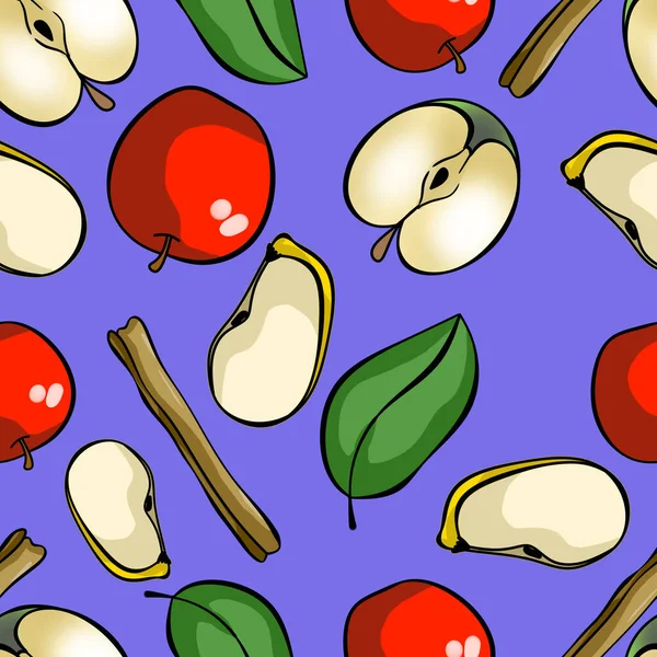 Seamless Pattern Apples Leaves Slices Cinnamon Stick Blue Background Wallpaper — Stock Photo, Image