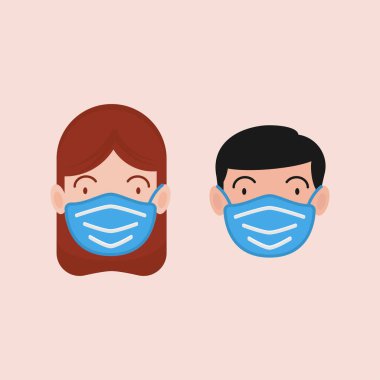 Bir kadın ve erkeğin başı maskeli grip maskesi ikonu Avatar Minimalist Düz Vektör illüstrasyonu