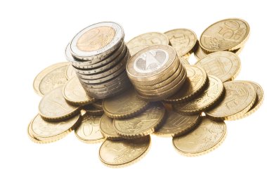 Avrupa Sikkeleri para desteleri beyaz arka planda. Avrupa para sikkeleri beyaz üzerine izole.