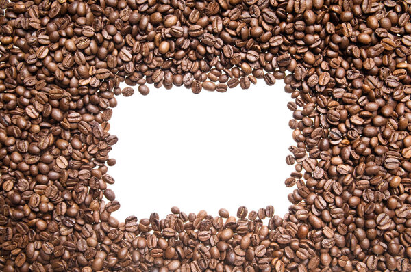 Roasted coffee beans frame isolated on white background. Border of coffee beans arranged to enclose and frame a sample area of white space for your design needs.